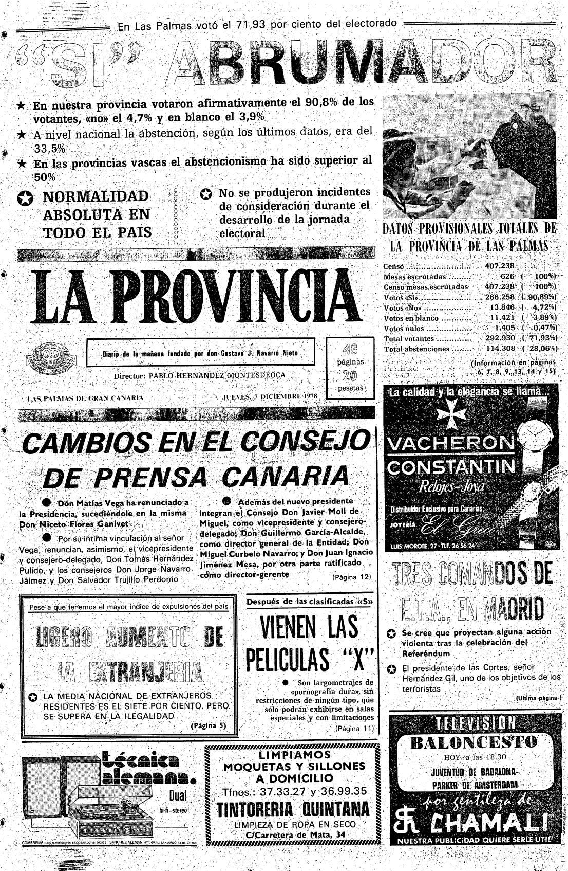 EN DICIEMBRE DE 1978 COINCIDÍAN EN PORTADA EL SÍ DE LOS ESPAÑOLES A LA CONSTITUCIÓN Y LOS CAMBIOS EN EL CONSEJO DE PRENSA CANARIA.
