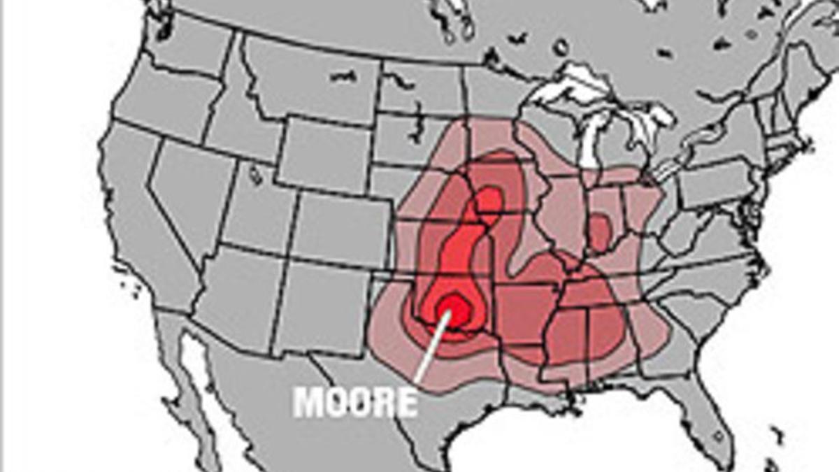 Ubicación de la localidad de Moore en el mapa de la zona de Oklahoma afectada por el tornado.