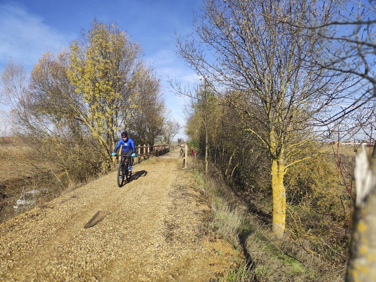 Un ciclista en la vía verde del antiguo trazado de ferrocarril.