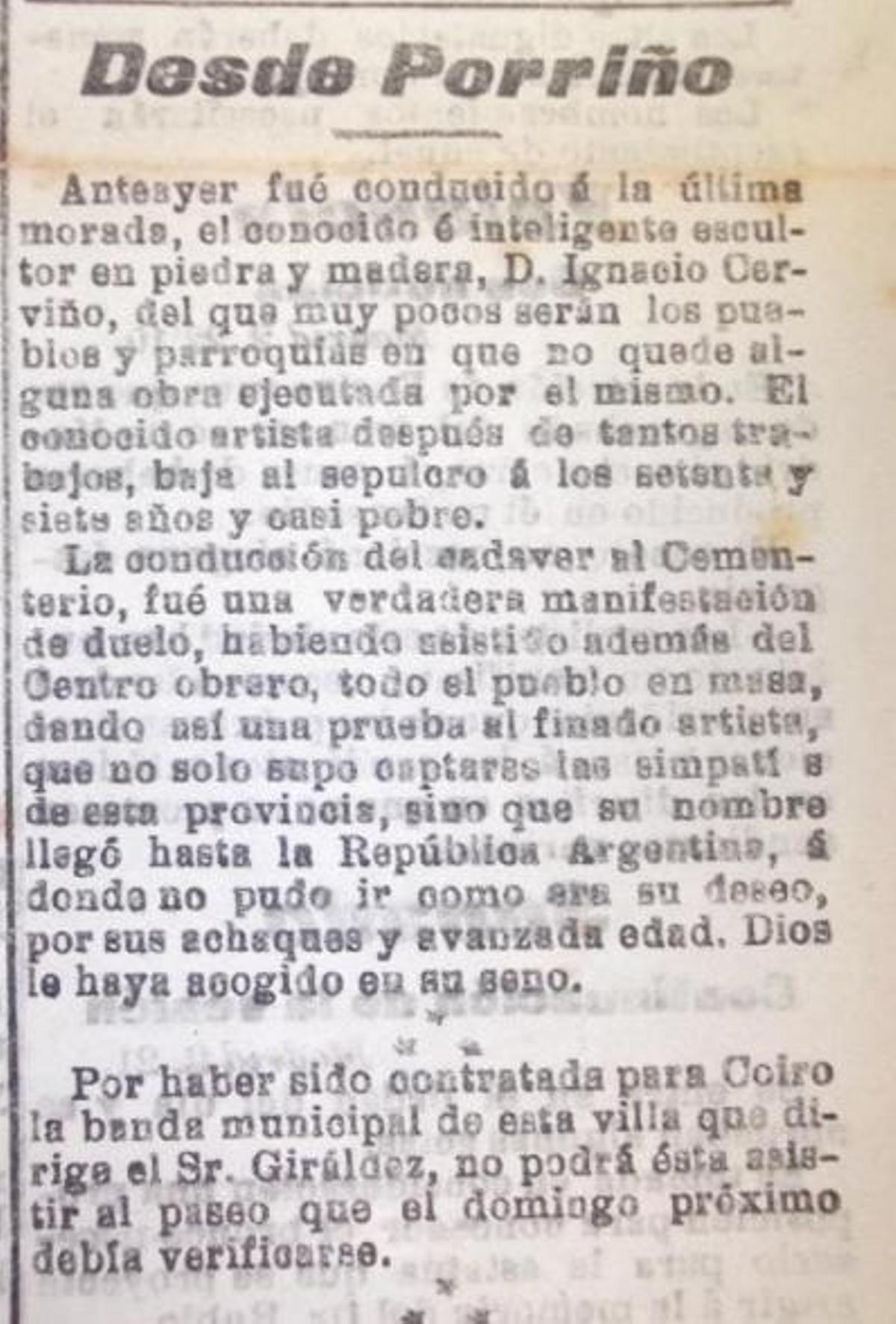 Crónica da defunción de Ignacio Cerviño.
