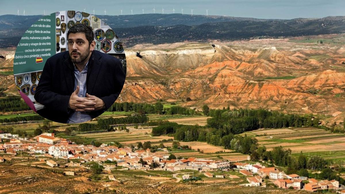 Vista aérea de Villastar (Teruel), con un recorte de Alejandro Nolasco, cadidato de Vox en las elecciones de Aragón del 8F