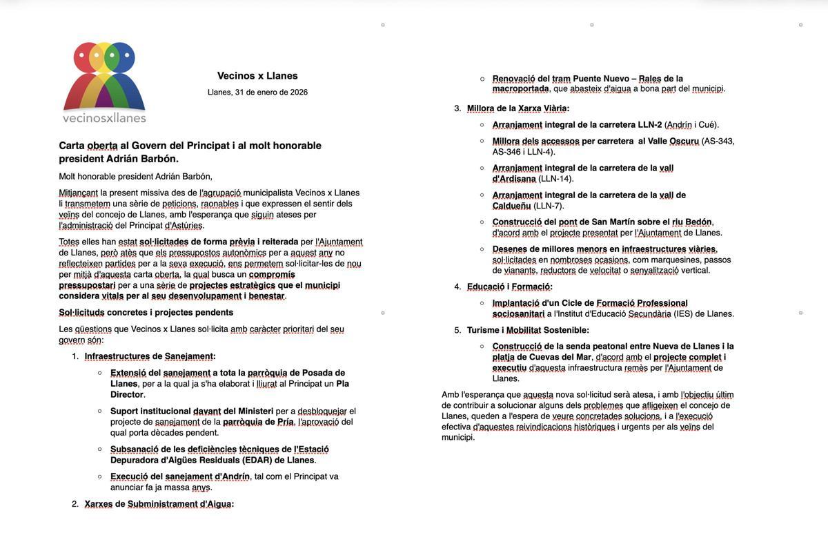Reproducción de la carta de Vecinos x Llanes al presidente del Principado.
