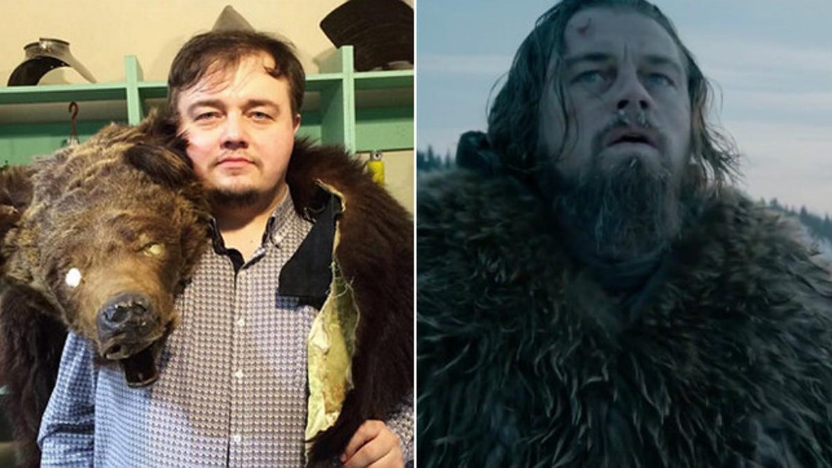 Román Búrtsev y Leonardo DiCaprio, caracterizados de intrépidos exploradores del salvaje Oeste norteamericano.