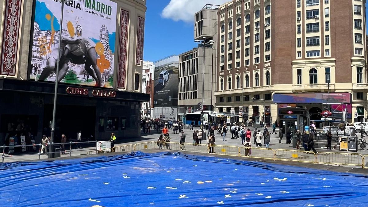 La plaza de Callao, en Madrid, comienza su transformación para acoger una luchada histórica en pleno centro de Madrid