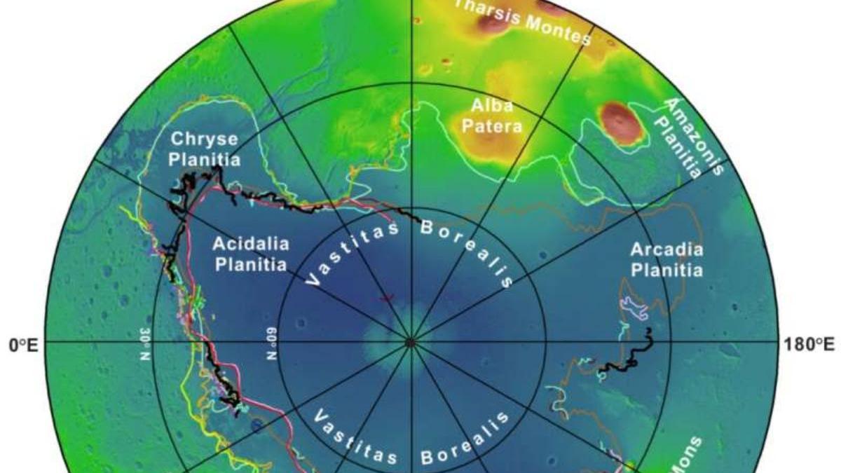 Mapa topográfico del hemisferio norte de Marte, que muestra la extensión del antiguo océano.