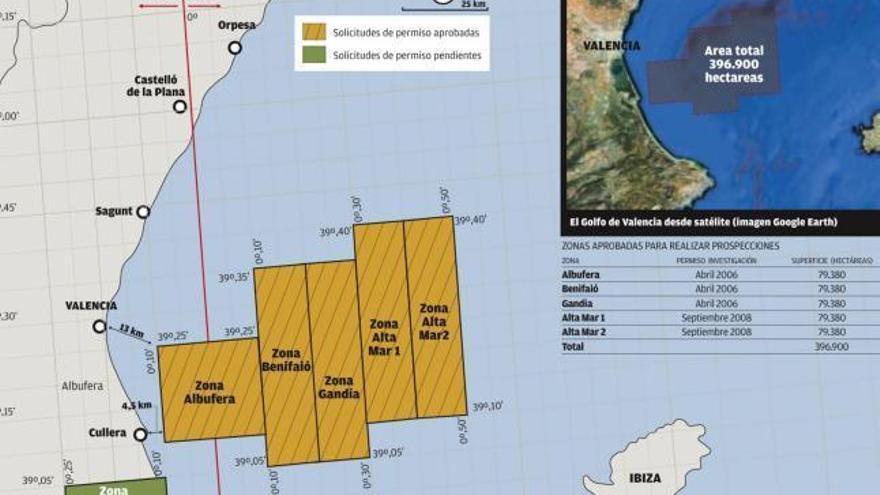 En el gráfico se observa la proximidad de dos de las zonas de extracción (denominadas Altamar I y II) con la costa de Ibiza.