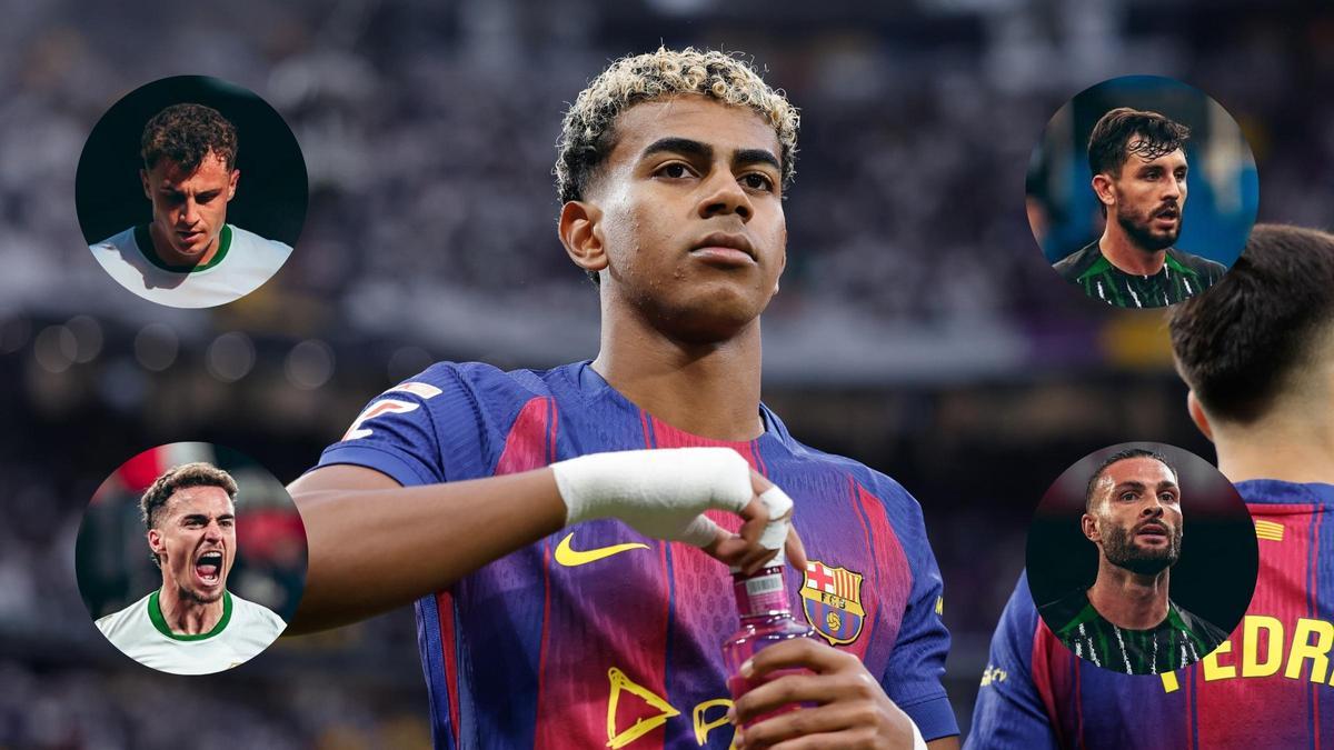 Lamine Yamal en el Bernabéu. En los círculos, Germán Valera, Víctor Chust, Adrià Pedrosa y Léo Petrot.