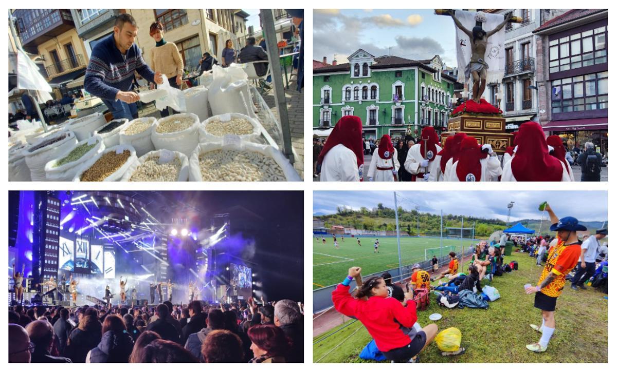 Arriba, mercado de Grado, Procesión de las Siete Palabras, actuación de orquesta y fiesta del rugby en El Casal.