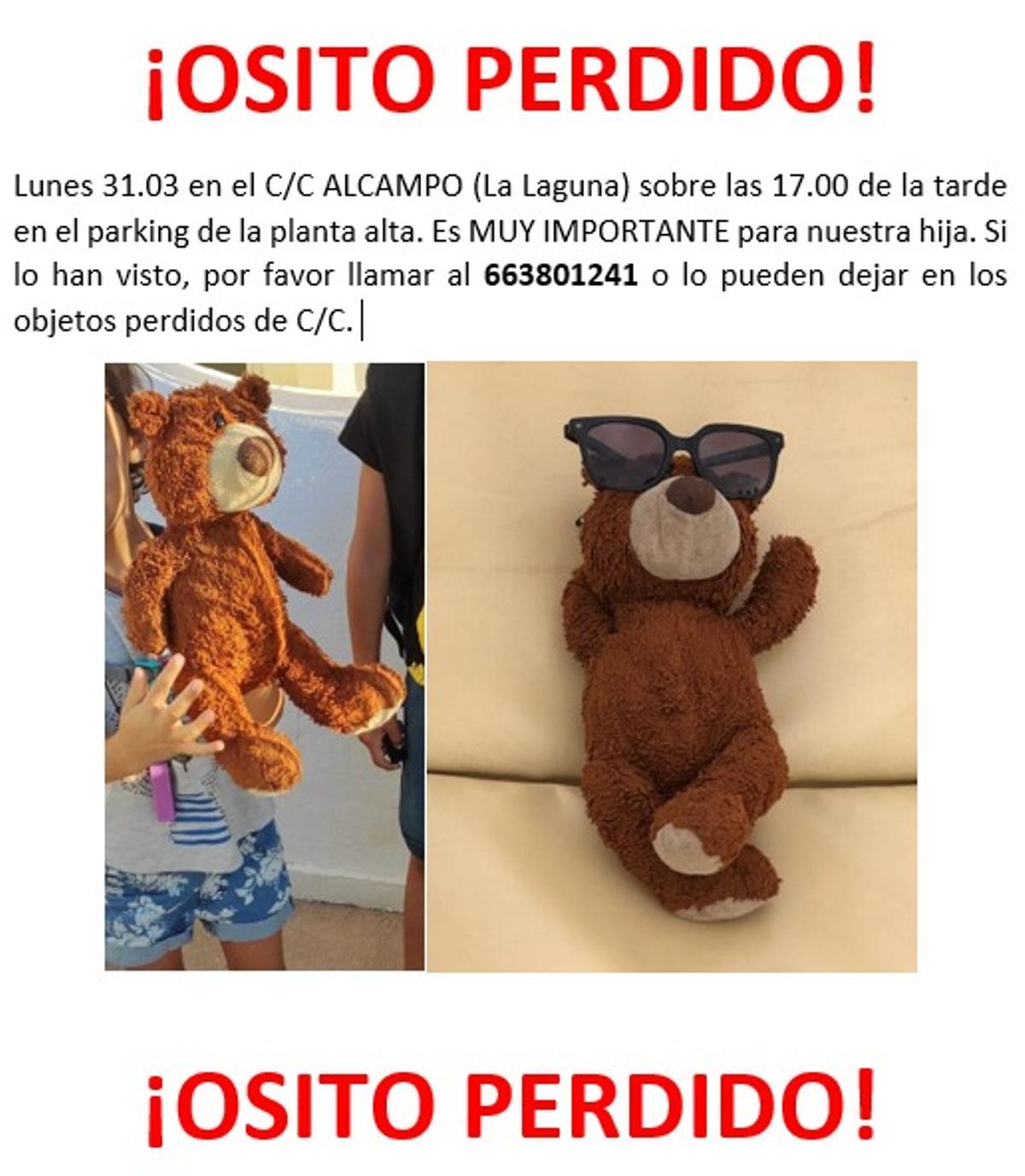Cartel del osito perdido