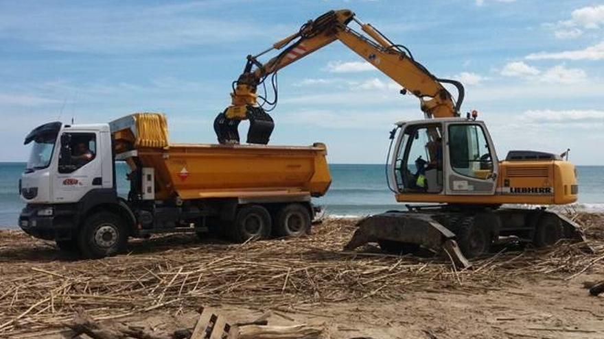 Operarios recogen las cañas de las playas cullerenses.