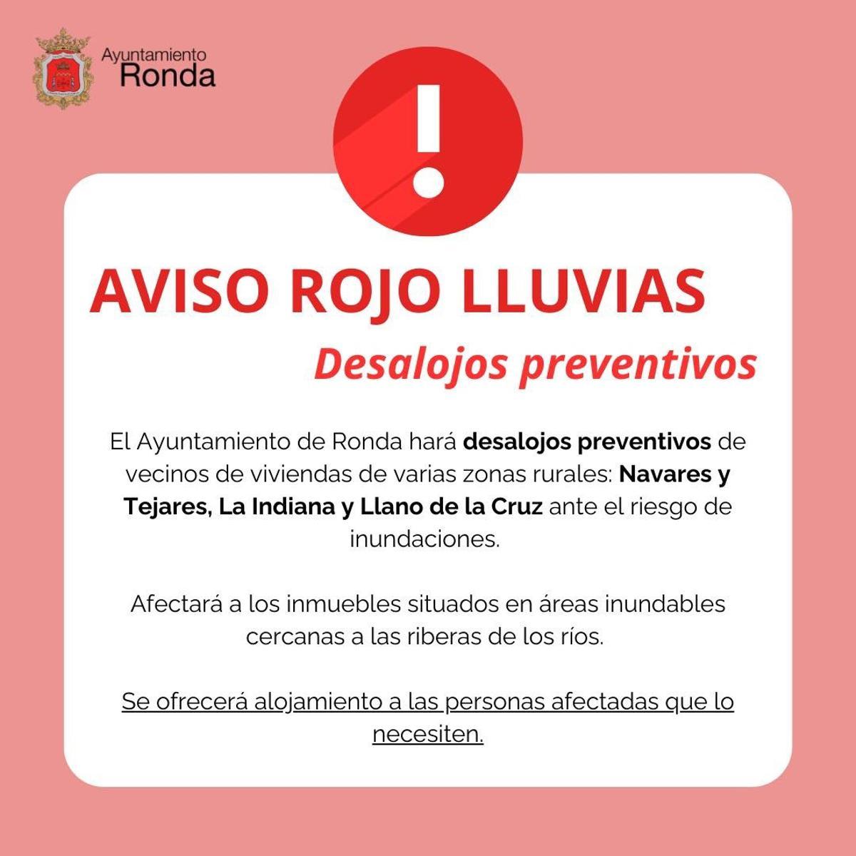 Anuncio de desalojos preventivos en zonas rurales de Ronda ante el riesgo de inundaciones por las fuertes lluvias previstas en la comarca y la ciudad.