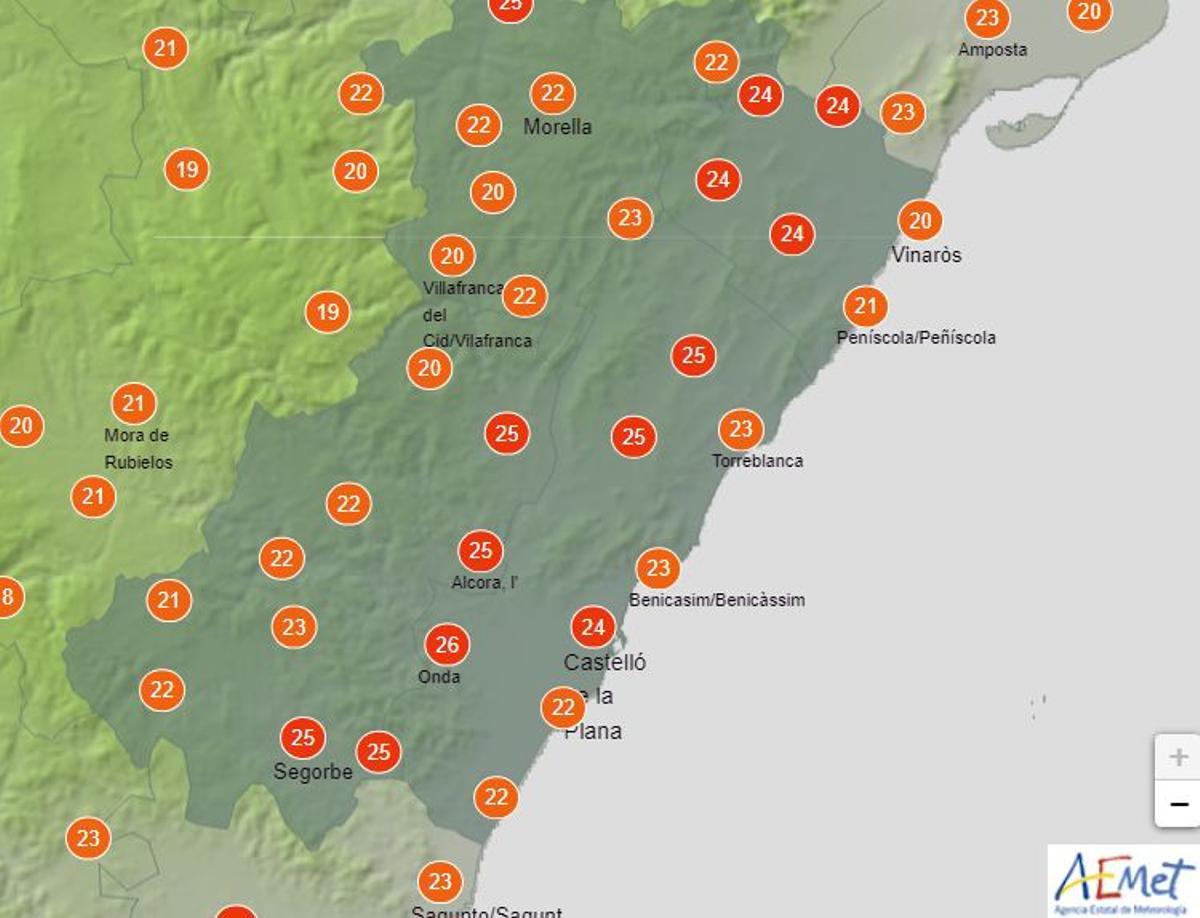 Mapa de las temperaturas en Castellón para el 14 de abril