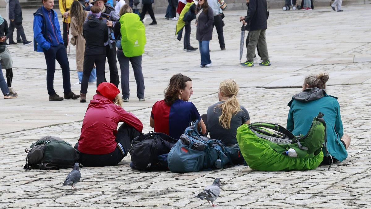 Peregrinos na Praza do Obradoiro, en Santiago