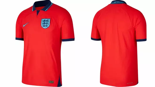 Inglaterra (visitante): El rojo volverá a ser la away de los ingleses en cuello tipo polo y similar al que vistieron en el Mundial de Francia de 1998