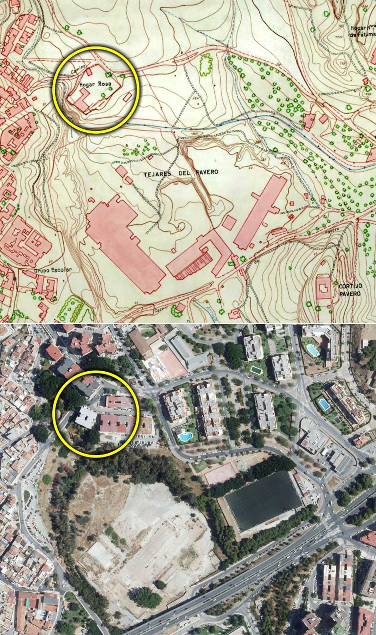 Emplazamiento del Hogar Rosa, en un plano de 1965, arriba; y de los bloques del barrio de Carlinda, en 2025.