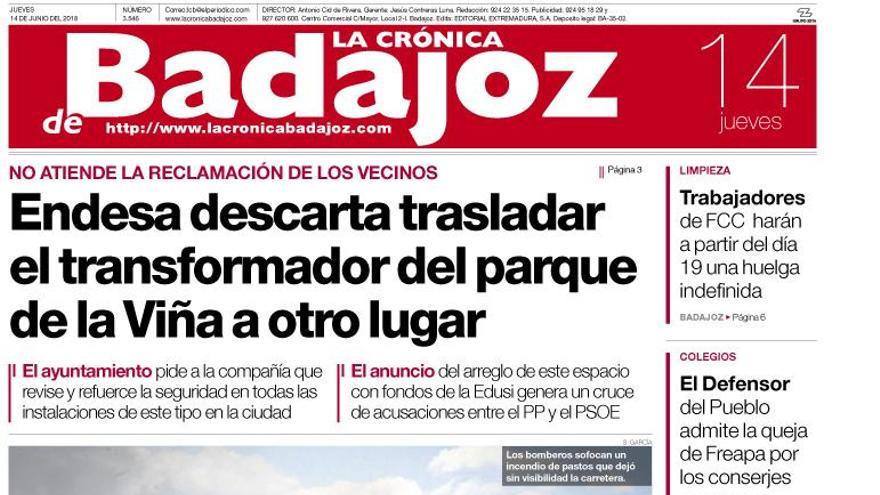 Esta es la portada de LA CRÓNICA DE BADAJOZ correspondiente al día 14 de junio del 2018