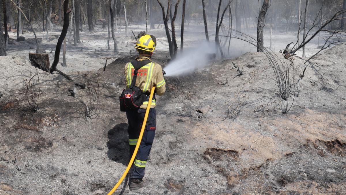 Un bomber remullant una de les zones cremades a l&#039;incendi de Ventalló