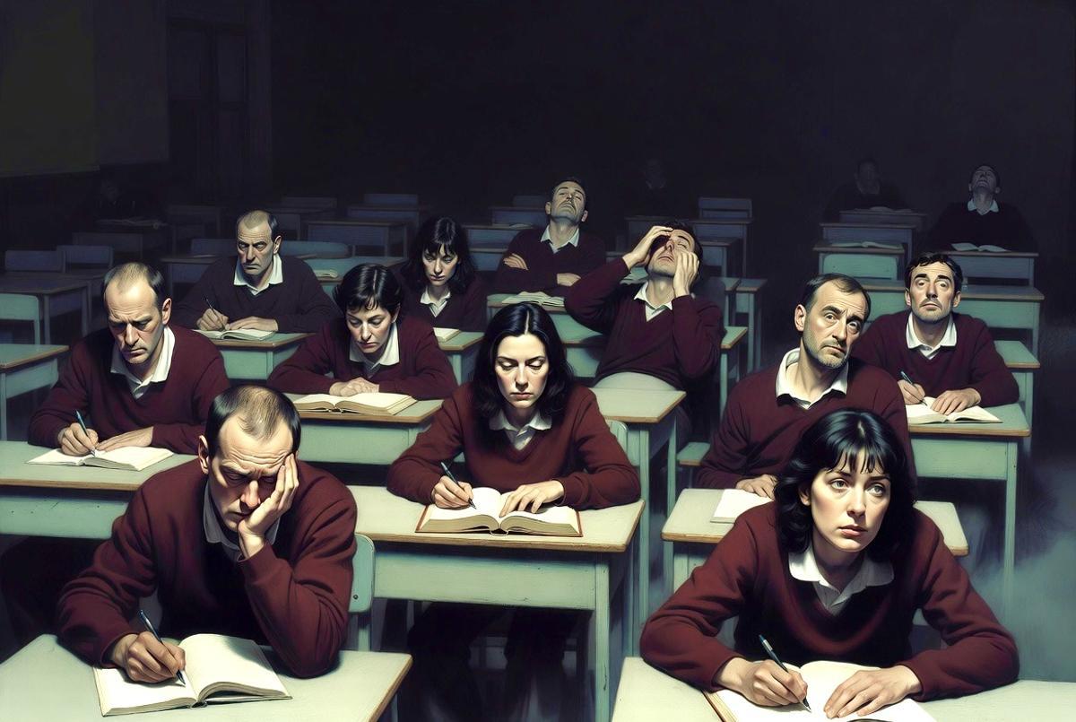 Recreación de un grupo de cuarentones en un aula con uniforme escolar.