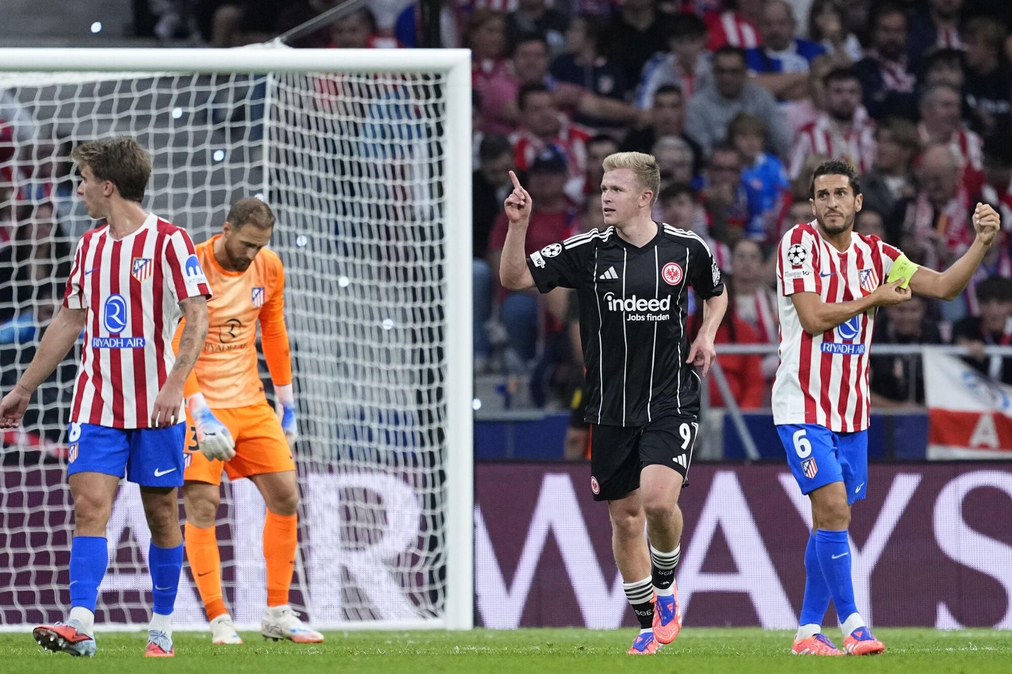 Jonathan Burkardt of Eintracht Frankfurt?? celebrates a goal during the UEFA Champions League 2025/26 League Phase MD2 match between Atletico de Madrid and Eintracht Frankfurt at Riyadh Air Metropolitano on September 30, 2025, in Madrid, Spain. AFP7 30/09/2025 ONLY FOR USE IN SPAIN. Oscar J. Barroso / AFP7 / Europa Press;2025;SOCCER;SPAIN;SPORT;ZSOCCER;ZSPORT;Atletico de Madrid v Eintracht Frankfurt - UEFA Champions League 2025/26 League Phase MD2;