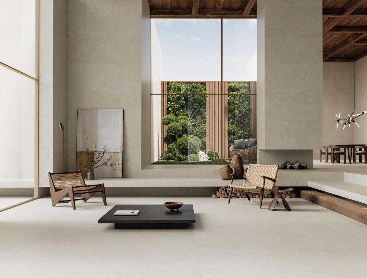 Ambiente Kea Crema, inspirada en la piedra Rapolano, que se caracteriza por su suavidad gráfica y identidad mineral.