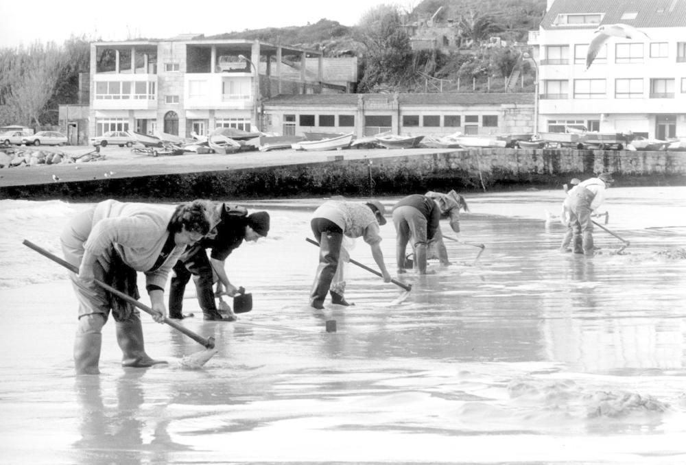 Mariscadoras faenando en Playa América (Nigrán), en 1993.