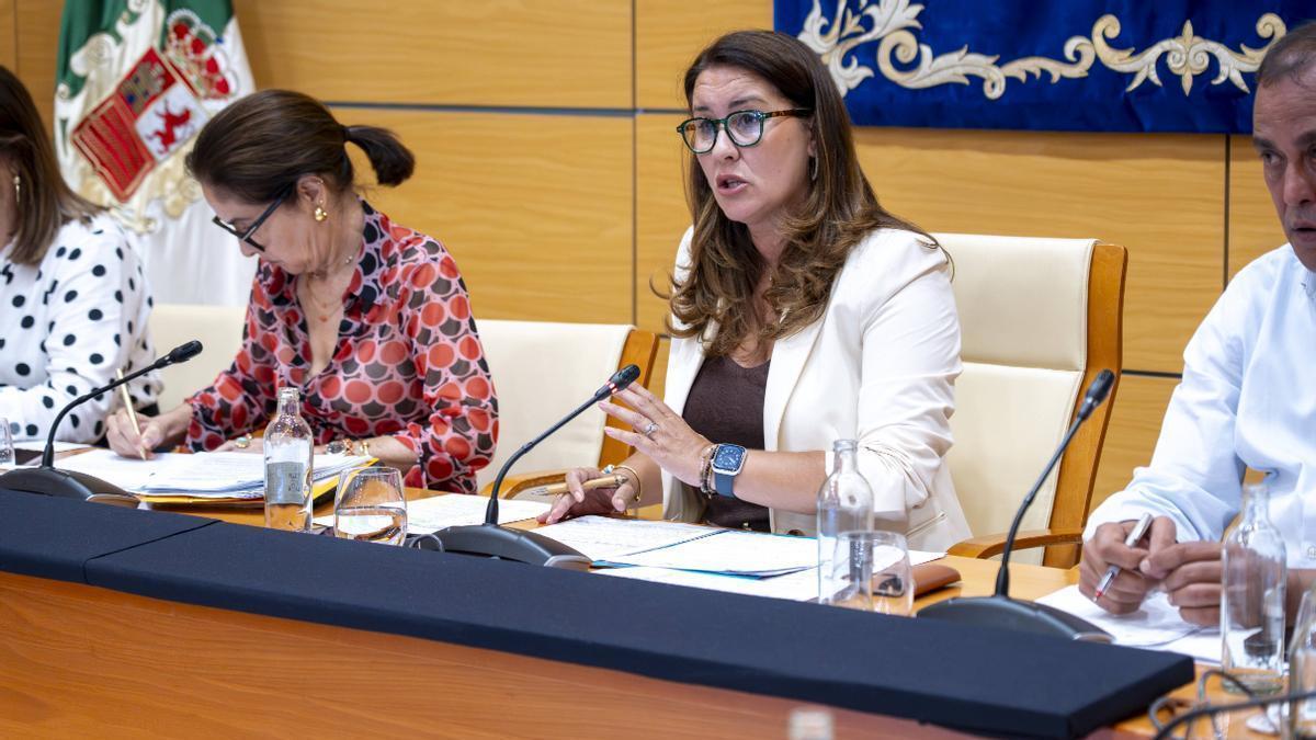 La presidenta del Cabildo insular, Lola García, durante su intervención sobre la gestión del gobierno.