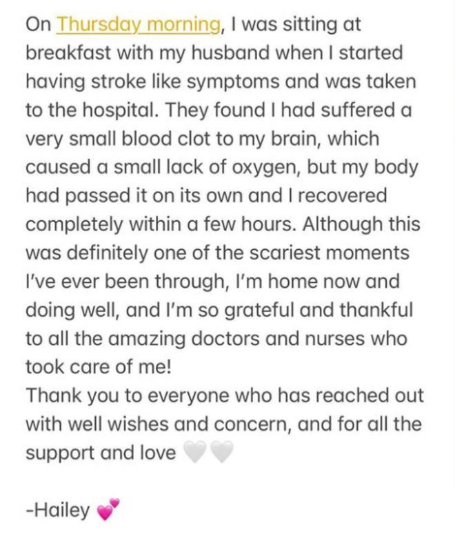 Mensaje de Hailey Bieber sobre su salud