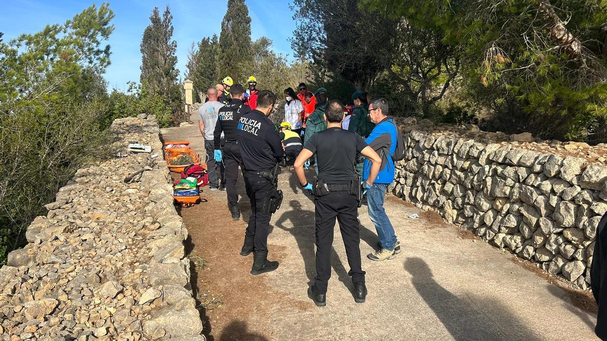 Policías, guardias civiles, sanitarios y bomberos junto a la mujer atacada por los perros.