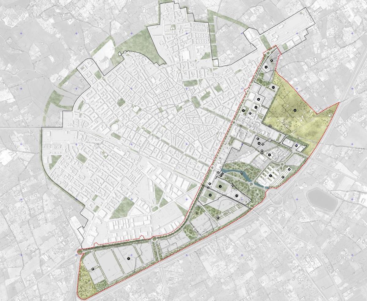 Plano en el que aparece destacado todo el ámbito de actuación del Área de Reconversión Territorial Façana d'Inca.