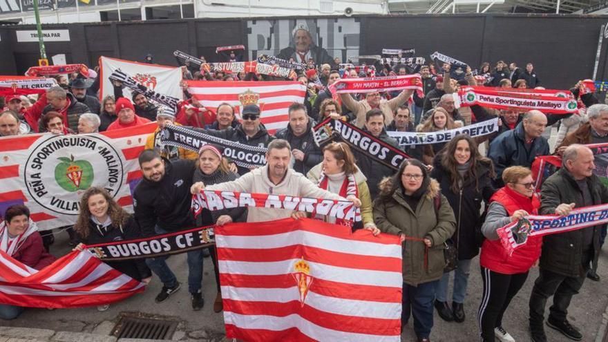 Arriba, los aficionados rojiblancos y del Burgos, ayer, ante el Mural de Piné. En el centro, la peña Ambar, en El Plantío. Abajo, por la izquierda, Jorge Guerrero, Juan José Martínez, Joaquín Alonso, y Emilio Llerandi. | LaLiga / LNE