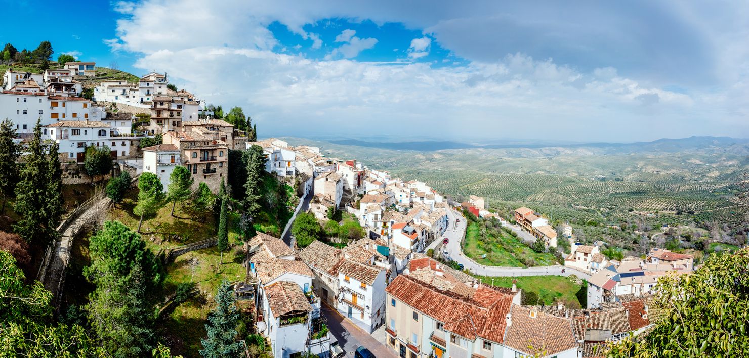 Vista panorámica del valle del olivo andaluz desde la montaña del pueblo