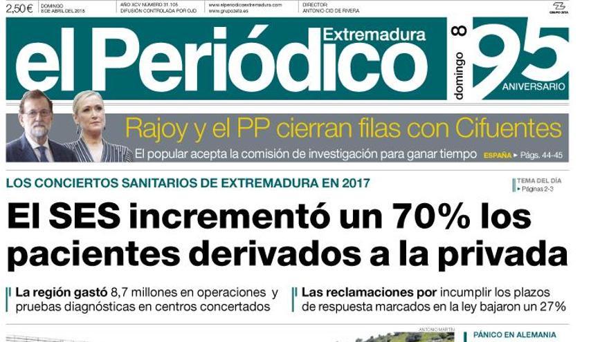 Esta es la portada de EL PERIÓDICO EXTREMADURA correspondiente al día 8 de abril del 2018