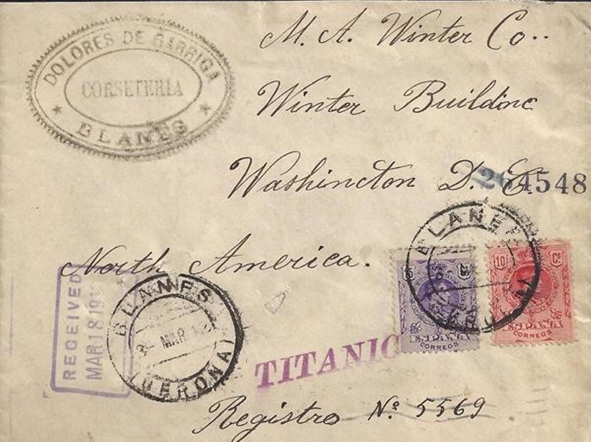 Carta enviada desde la corsetería de la señora Dolores Garriga de Blanes a Washington y que debía haber viajado en el 'Titanic', pero se acabó traspapelando.