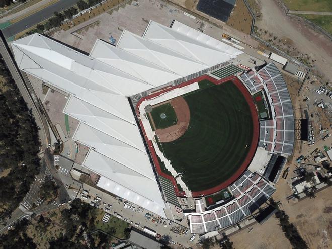 Fotografía aérea del nuevo estadio de béisbol Alfredo Harpa Helú, en Ciudad de México, que se inaugurará este próximo sábado con los juegos de los Diablos Rojos de México y Padres de San Diego de grandes ligas.