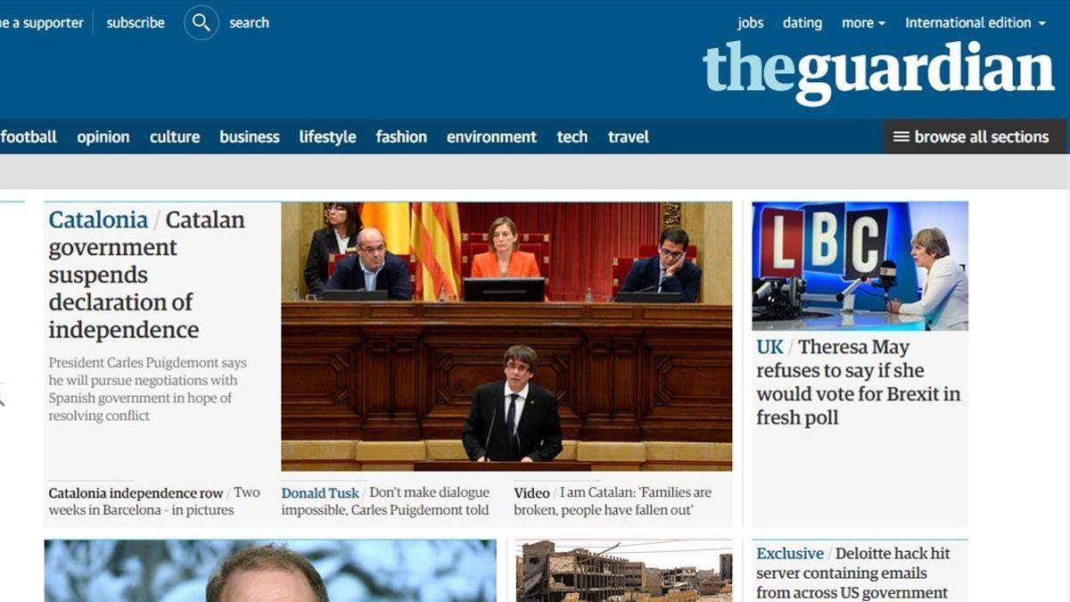La portada de la edición 'on line' del británico 'The Guardian'.