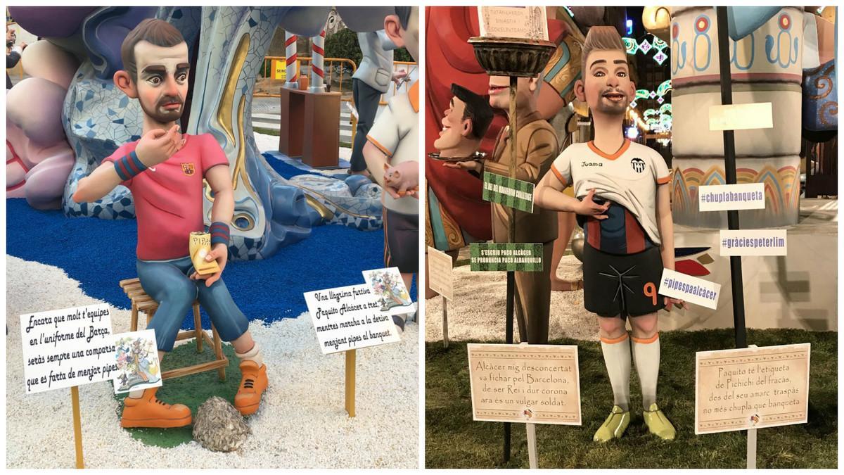 Dos 'ninots' dedicados a Paco Alcácer en las Fallas de Valencia del 2017.