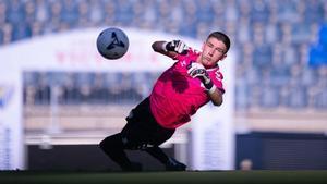 Carlos López, durante el entrenamiento de este domingo en La Rosaleda.