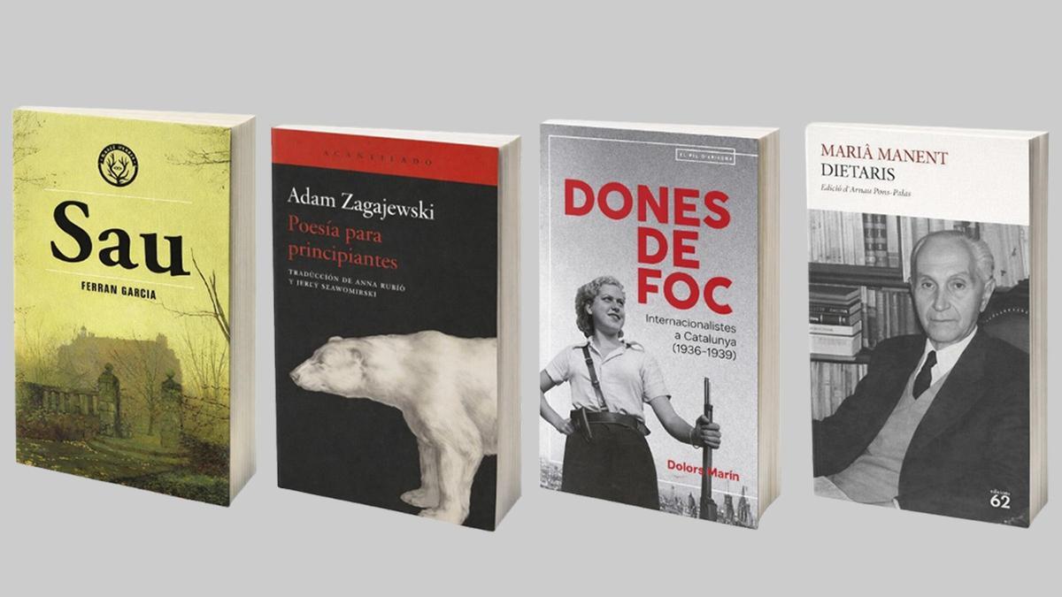 Portades dels llibres: 'Sau' de Ferran Garcia, 'Poesía para principiantes'  d’Anna Rubió i Jerzy Slawomirski, 'Dones de foc'  de Dolors Marin i 'Dietaris' de Marià Manent.
