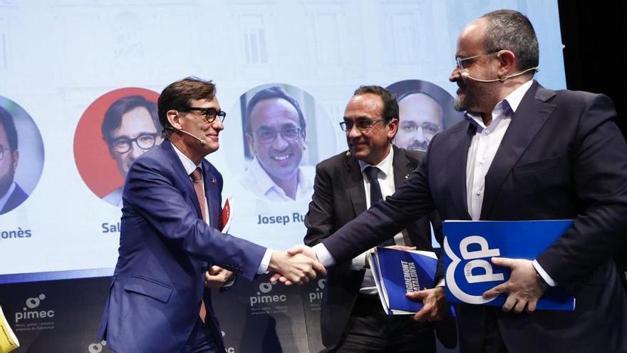 Salvador Illa, Josep Rull y Alejandro Fernández, durante el debate de PIMEC | QUIQUE GARCÍA / EFE