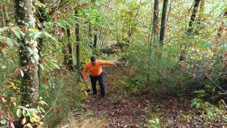 Mino Linde, voluntario de la carrera &quot;Tierras pésicas&quot;, ayer, limpiando un tramo del recorrido.