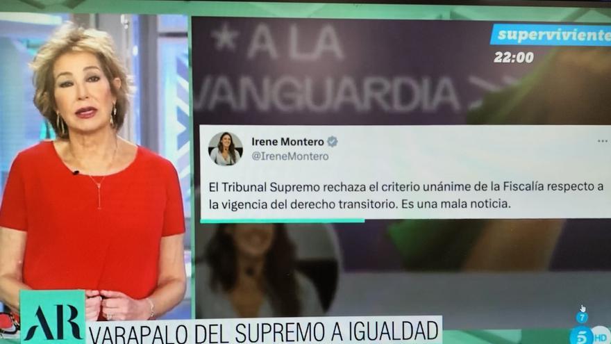 Ana Rosa Quintana envia un missatge contra la ministra Irene Montero per la llei del &quot;només si és sí&quot;