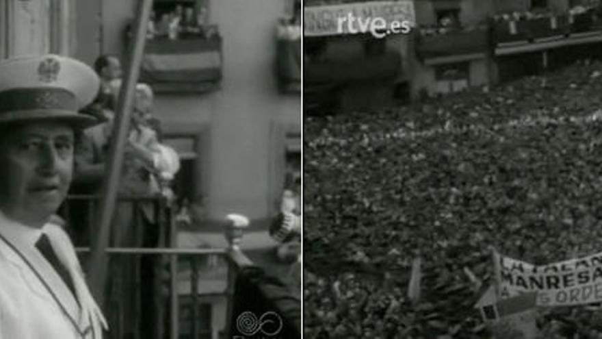 Franco al balcó de l&#039;ajuntament de Manresa i panoràmica de la plaça dels Màrtirs (avui, plaça Major)