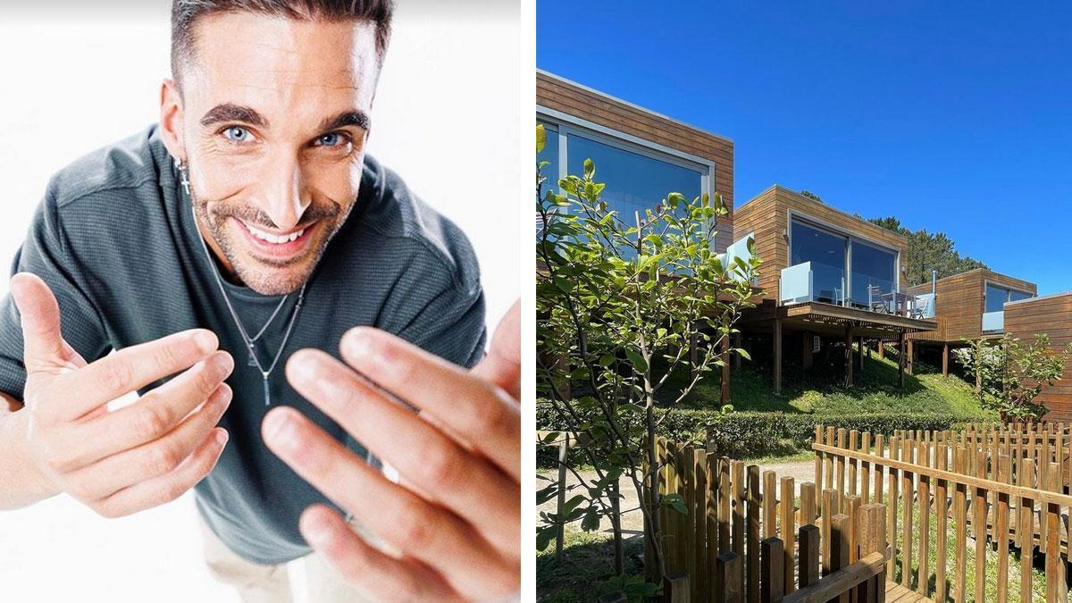 Eduardo, concursante de Gran Hermano, junto a una imagen de su resort de cabañas en Fisterra.