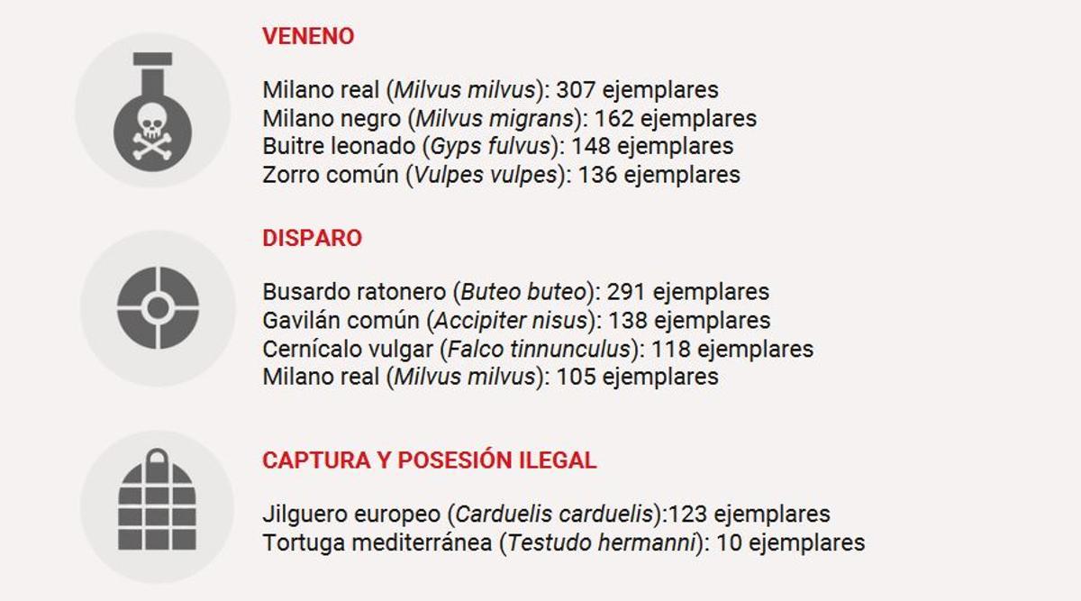 Ejemplares muertos por actividades ilegales entre 2015 y 2020 en España