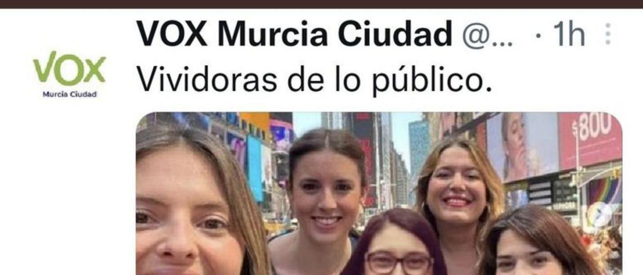 Montaje de Vox que hace aparecer a la concejal socialista Franco en una imagen del viaje a Nueva York de la ministra de Igualdad