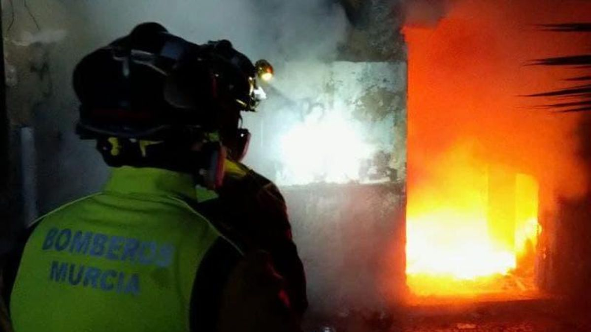 Bomberos trabajan en la extinción de las llamas en la vivienda de La Arboleja, en Murcia.