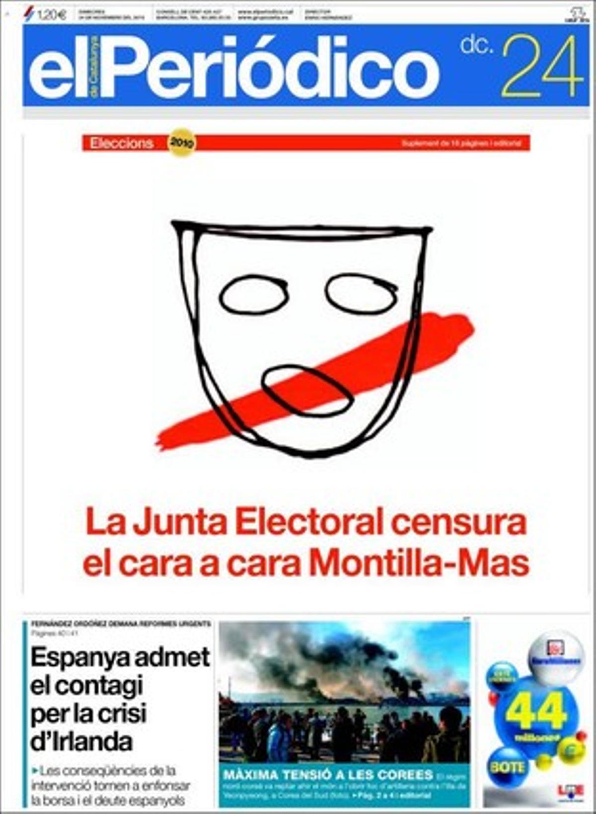 EL PERIÓDICO també destaca a dins que l’Orfeó desautoritza el president interí en vigílies de les eleccions d’avui, que el Papa veu a Espanya un contrast dramàtic entre laïcitat i fe, que el sector de l’aviació es llança a la recerca d’un biocarburant, que la Biblioteca de la Mina treballa a mig gas per falta de demanda, i que Espanya s’encomana... i la UE pressiona Irlanda. A més, entrevista Ana María Matute.