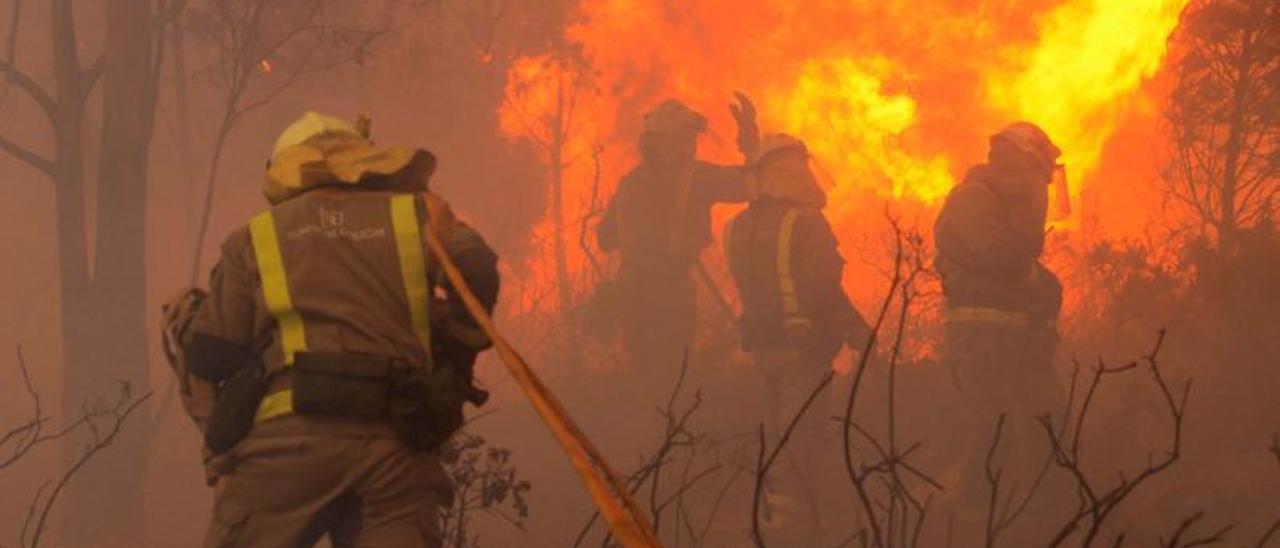 Varios miembros del servicio de extinción luchan contra un fuego en Rianxo en 2019. |   // NOÉ PARGA