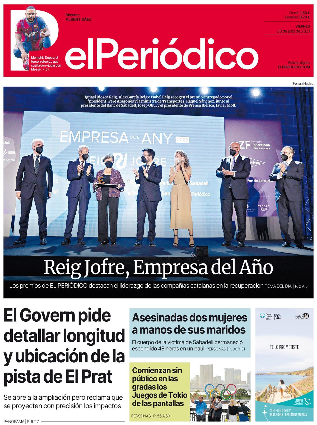 La portada d’EL PERIÓDICO del 23 de juliol del 2021