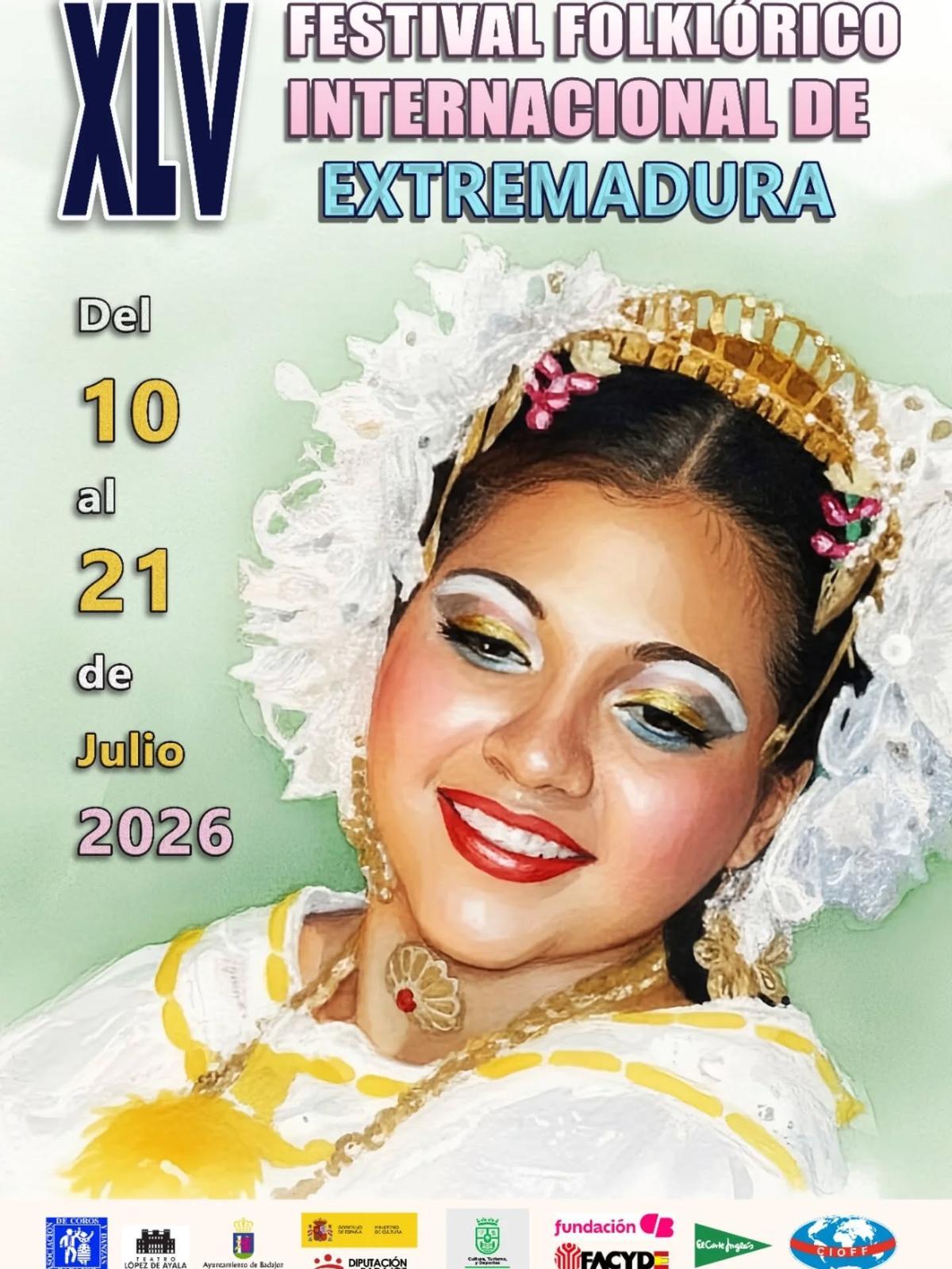 Cartel anunciador de la XLV edición del Festival Folklórico Internacional de Extremadura.